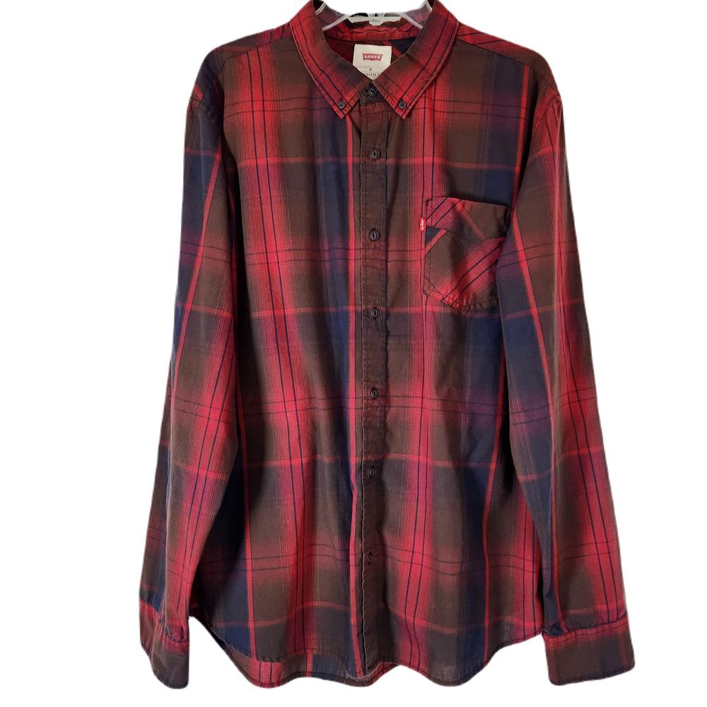 Levis Mens Size XL Button Down Long Sleeve Shirt Red Blue Plaid